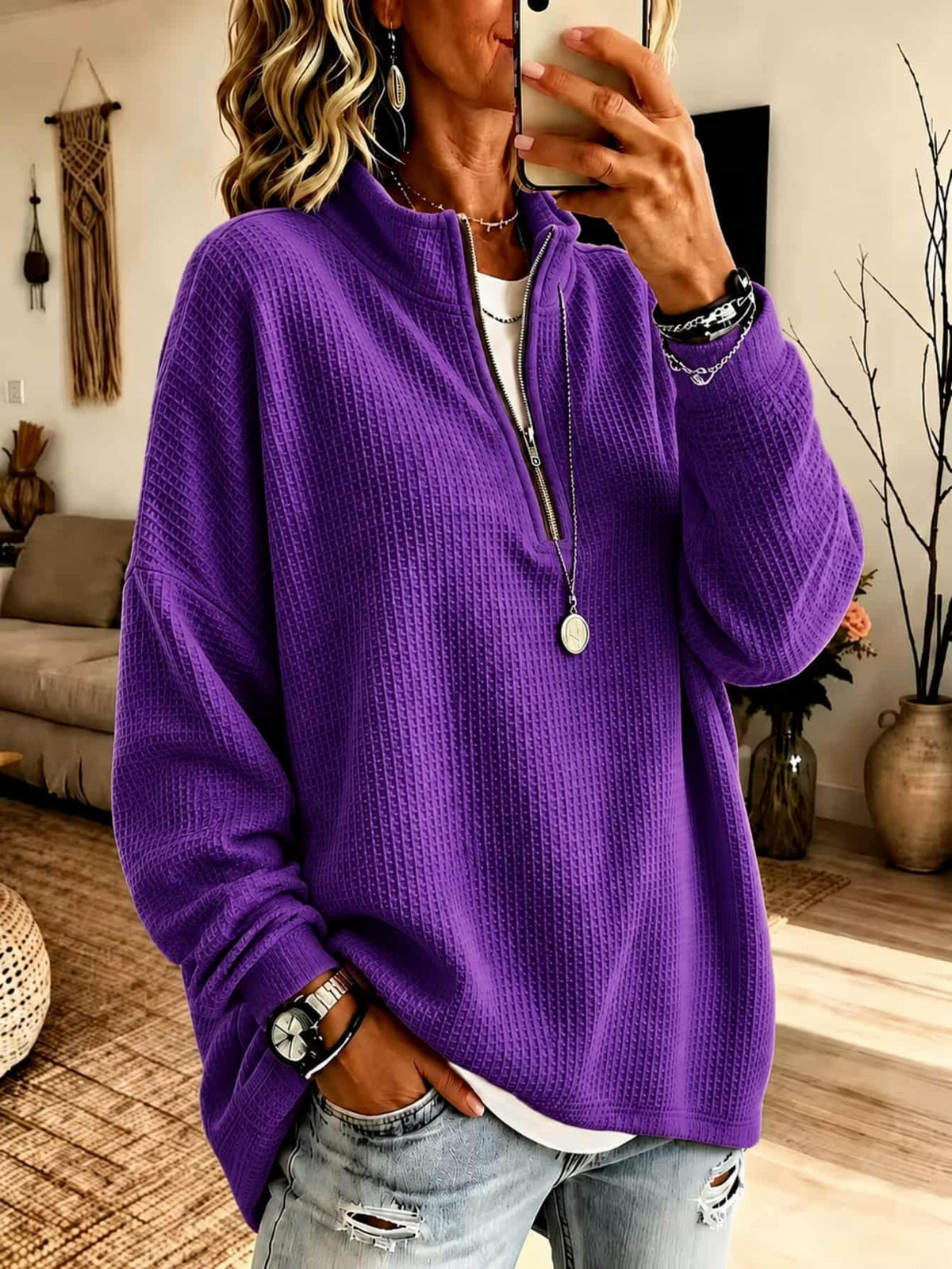 Womens Zip-up Half-neck Waffle-knit Hoodie Loose-fit Top