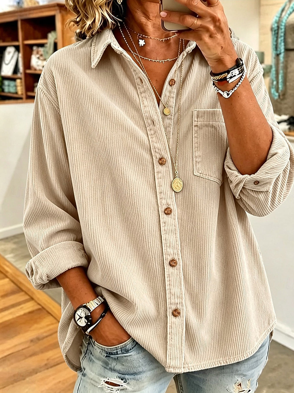 Retro Lapel Long-sleeved Corduroy Casual Loose-fit Thick Women's Garment