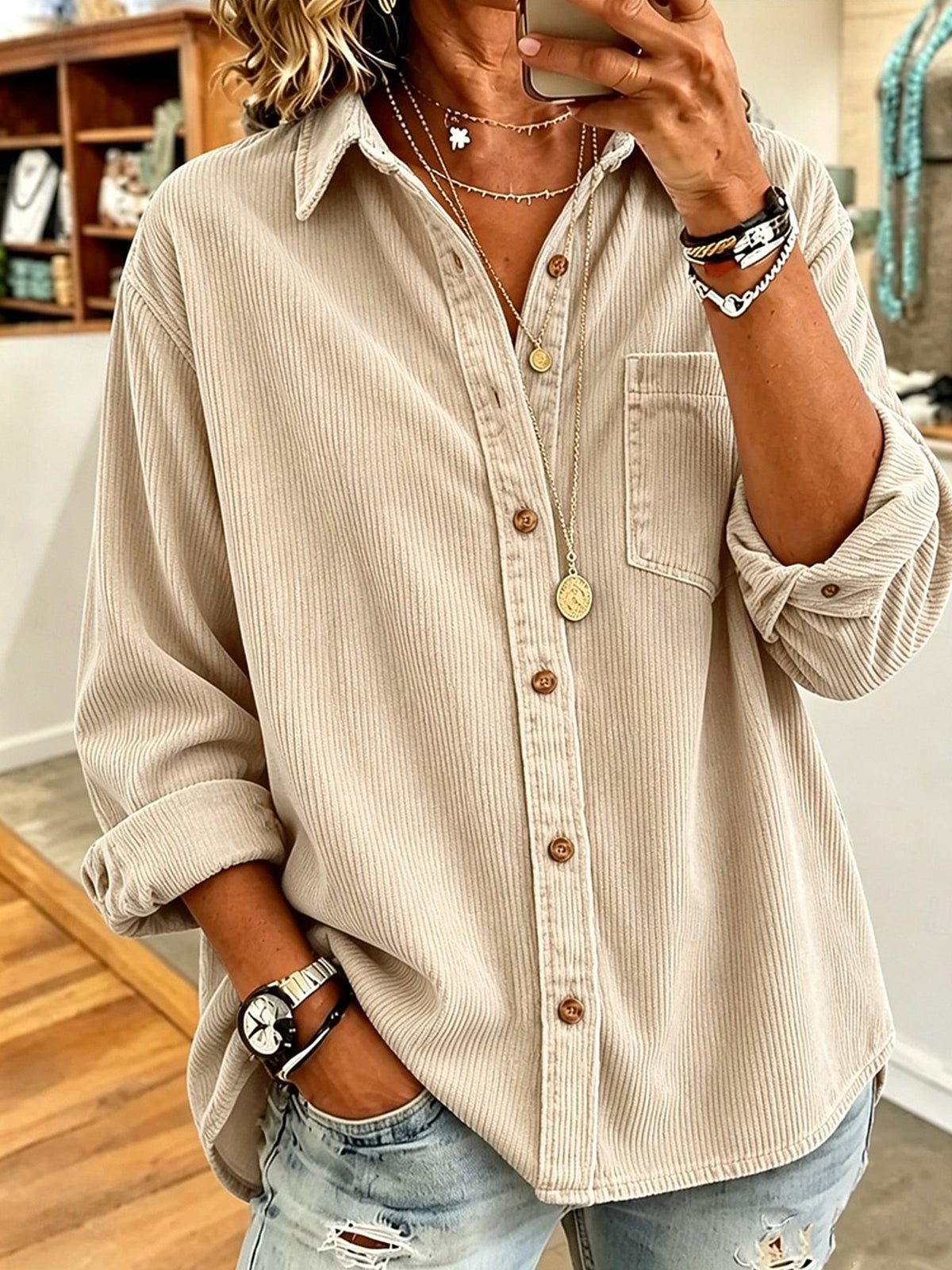 Retro Lapel Long-sleeved Corduroy Casual Loose-fit Thick Women's Garment