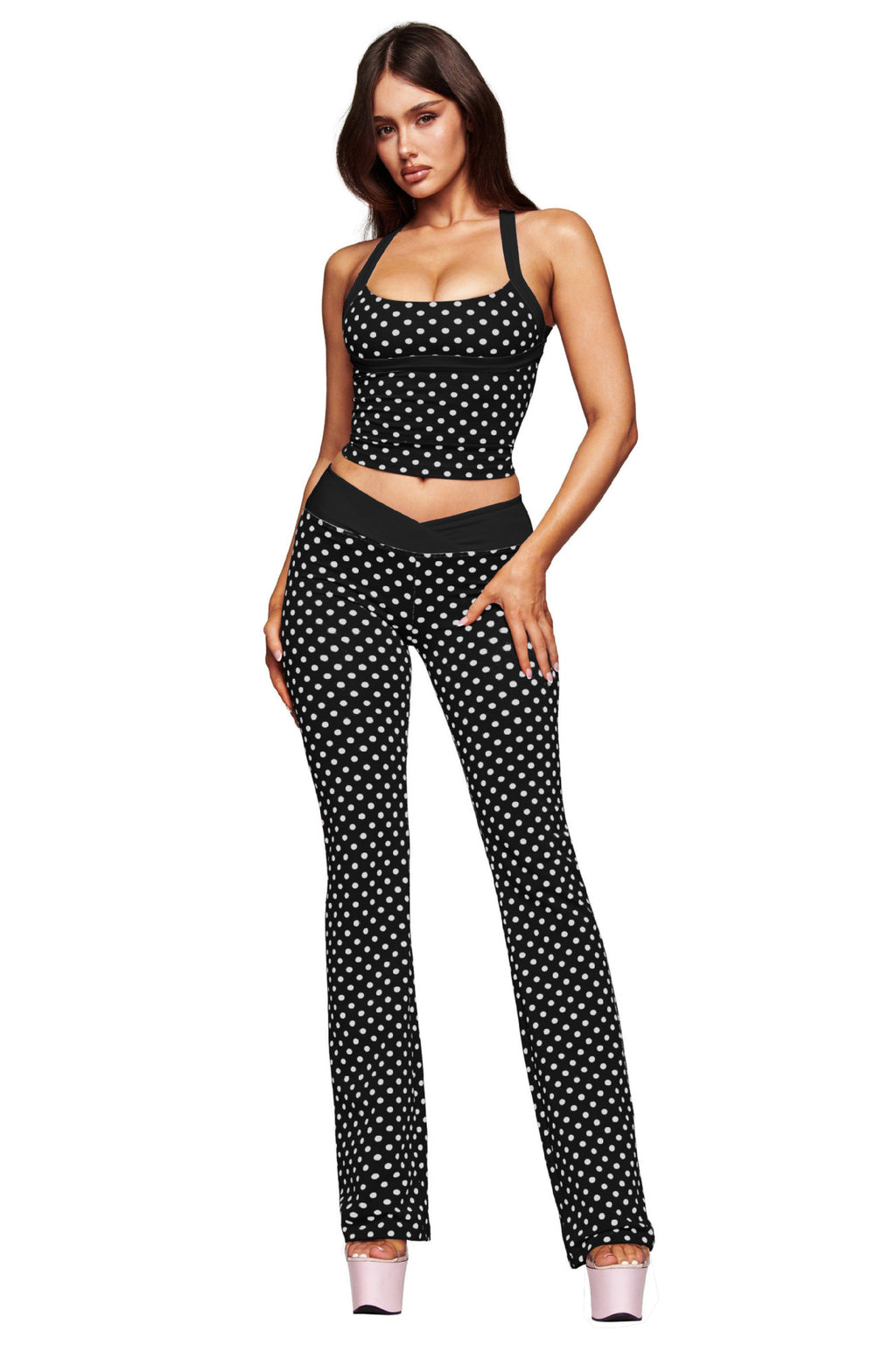 Cross-border Halter Neck Polka Dot Tank Top, Long Pants, Bell-bottom Pants, Beautiful Back Bra, Fitness Wear, Sportswear, Yoga Outfit Set