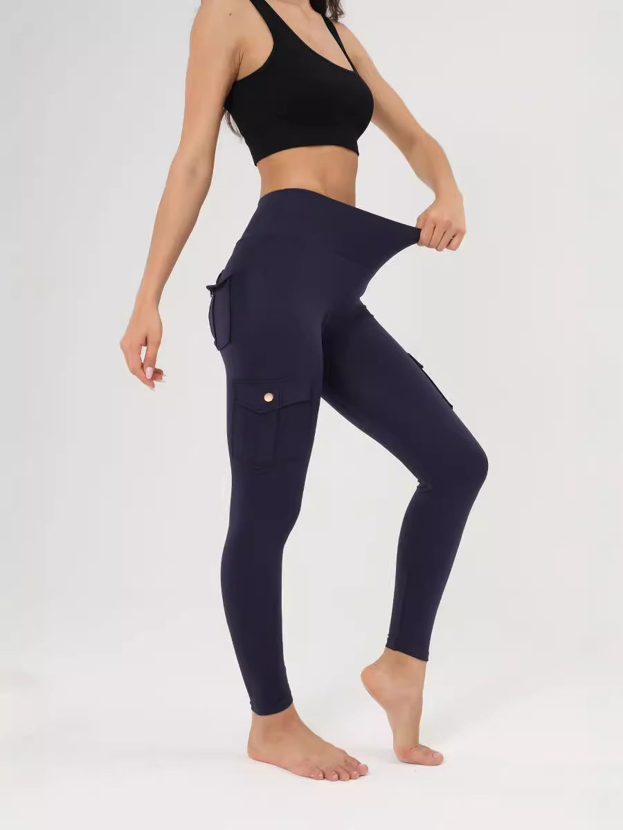Amazon Wish Cross-border Breathable Hip Lifting Button Pocket Sports Brushed Nude Yoga Slimming Tight Leggings
