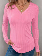 Solid-color Long-sleeved Casual V-neck Elegant Blouse
