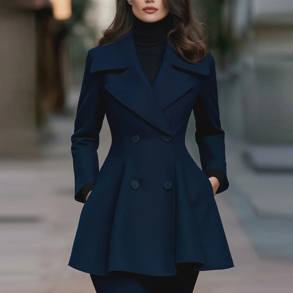 2026 Europe And The United States Cross-border Foreign Trade Autumn And Winter New Independent Station Solid Color Lapel Coat Double-breasted Long Sleeve Women's Coat