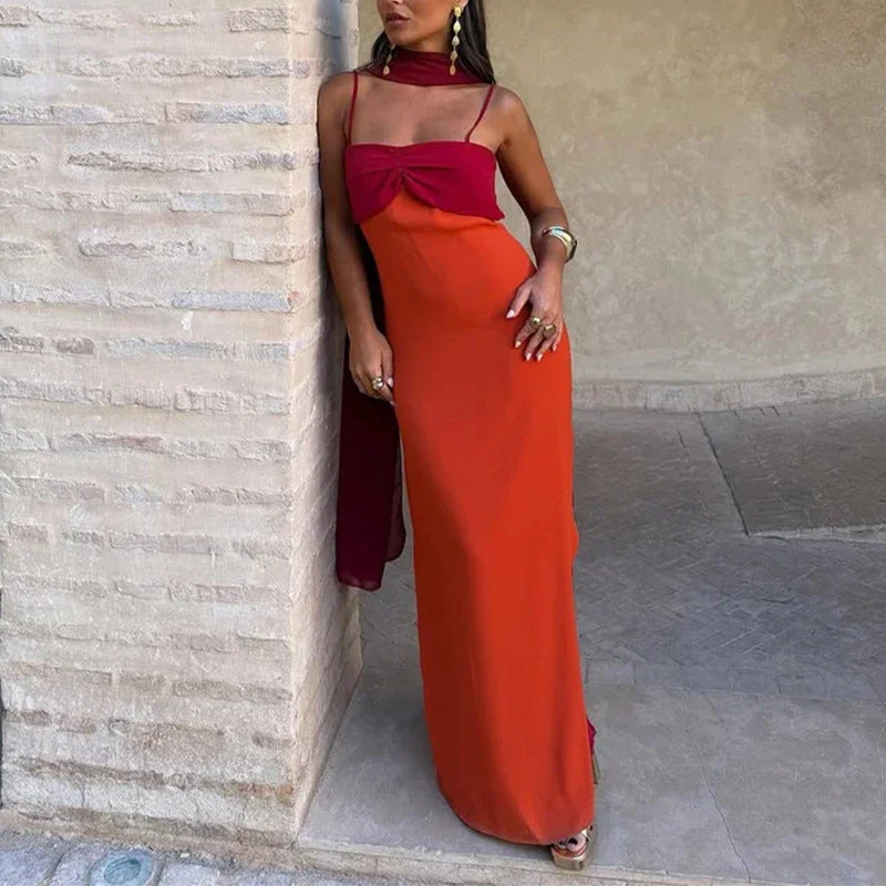 Foreign Trade Women's Clothing Summer Dress Fashionable Color-Block Scarf Collar Slim Fit Bodycon Strap Dress