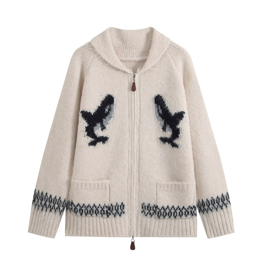 Fashionable Two-Way Zipper Shark Jacquard Embroidered Knit Cardigan