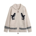 Fashionable Two-Way Zipper Shark Jacquard Embroidered Knit Cardigan