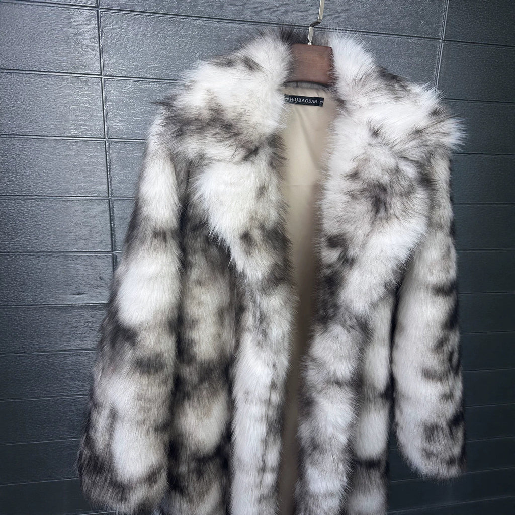Ash-gray Ink-wash Patterned Faux-fur Coat With A Fluffy Little Fox Look