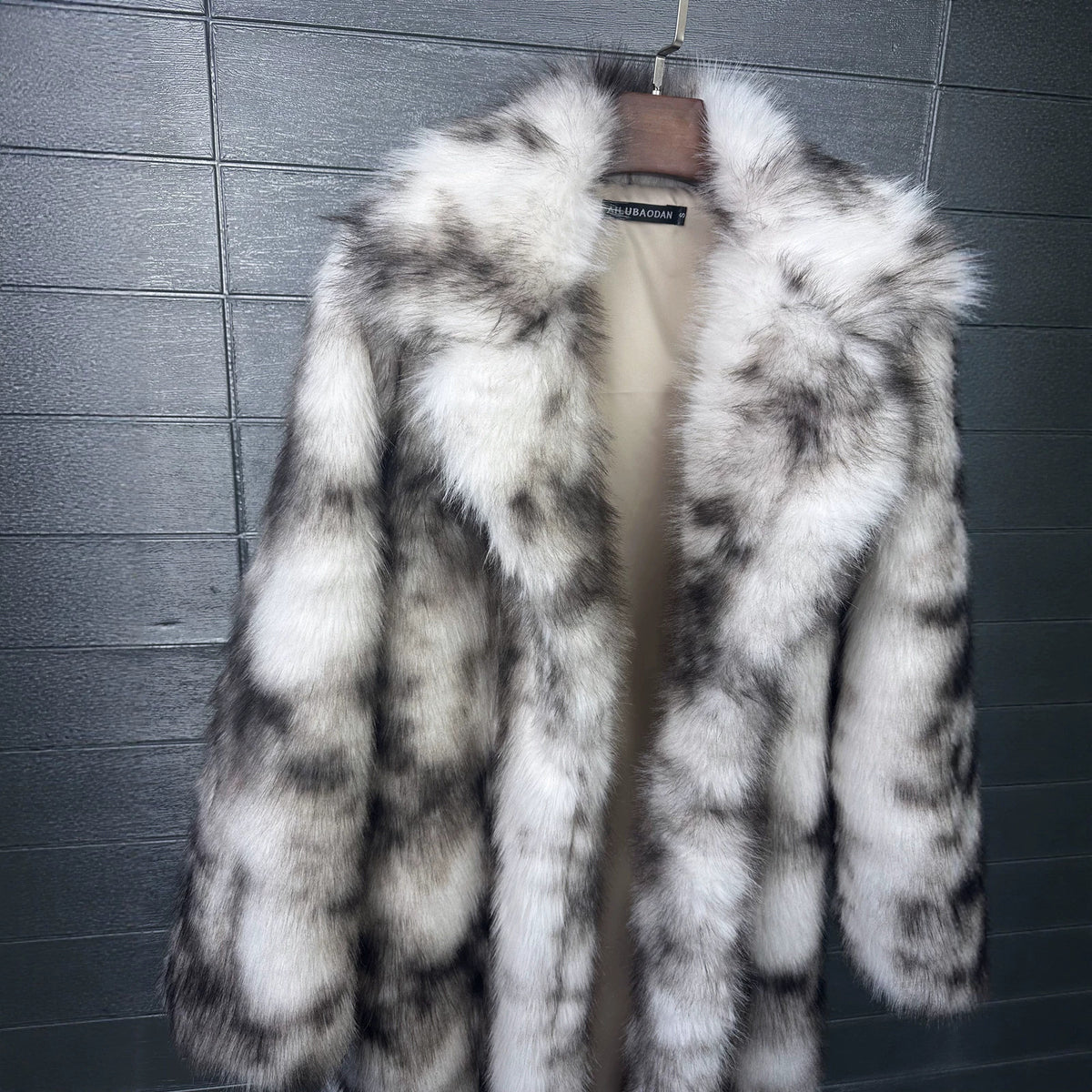 Ash-gray Ink-wash Patterned Faux-fur Coat With A Fluffy Little Fox Look
