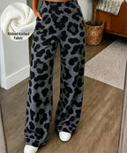 Women Ribbed Knit Wide Leg Pants, Bold Blue Orange Leopard Print High Waist Loose Casual Loungewear Trousers With Pockets