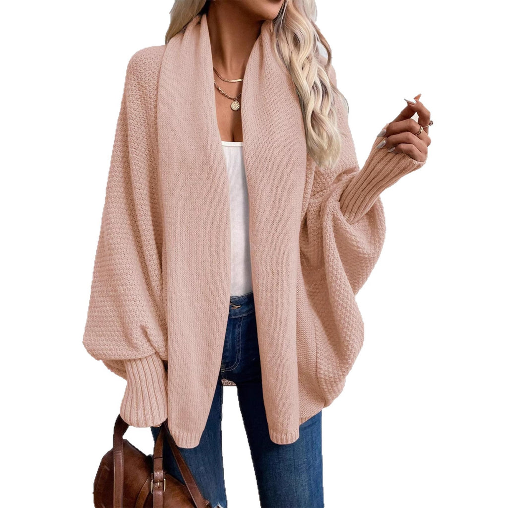 Solid-color, Large Lapel, Loose-fit Knitted Cardigan For Women