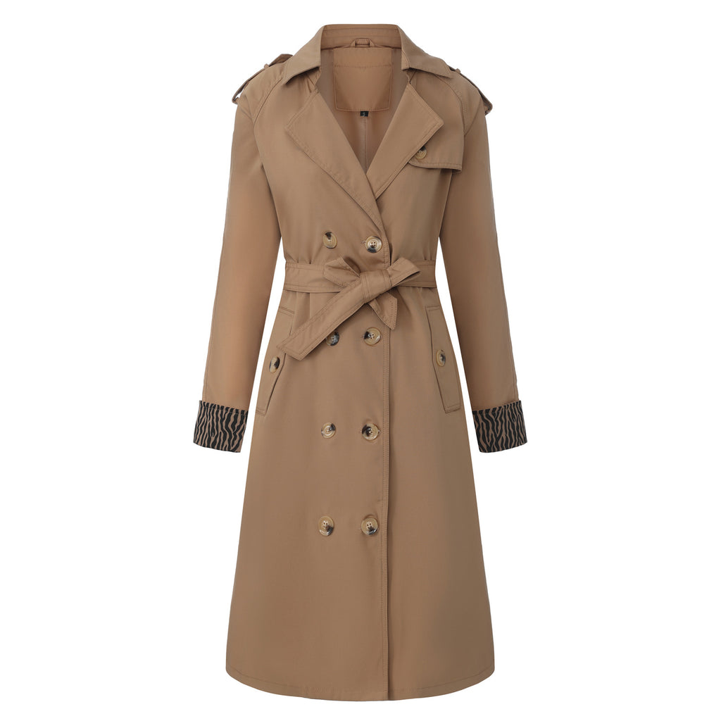 New Women's Trench Coat With Leopard Print Decoration, European And American Style, Long-Sleeve, European Size, Fashion Double-Breasted With Belt 2602