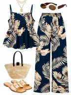 Casual Ruched-texture Camisole And Wide-leg Pants Set