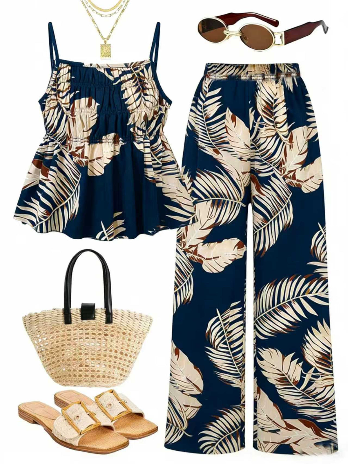 Casual Ruched-texture Camisole And Wide-leg Pants Set
