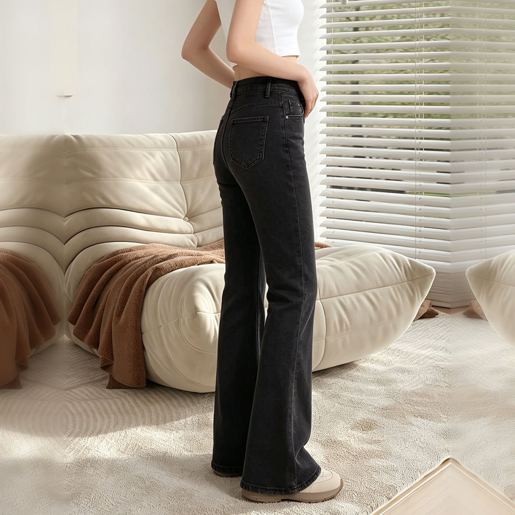 Solid Black Washed Bell Bottom Denim Jeans, Women High Waist Stretch Flare Jeans