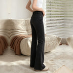 Solid Black Washed Bell Bottom Denim Jeans, Women High Waist Stretch Flare Jeans