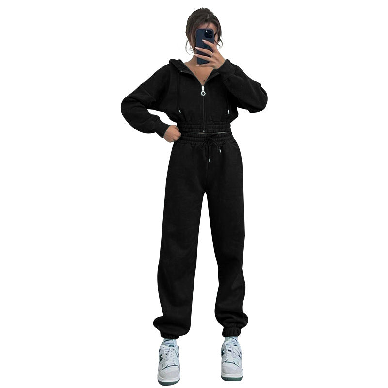 Hooded Zip-Up Waist-Cinching Sweatshirt Womens Set