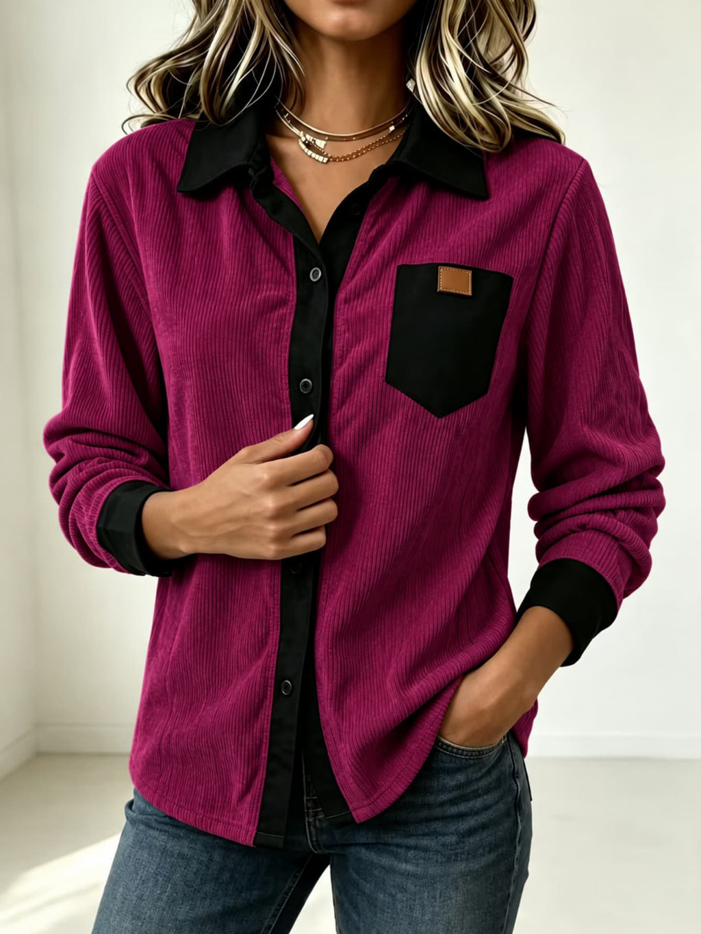 Ribbed Button Long Sleeved Shirt