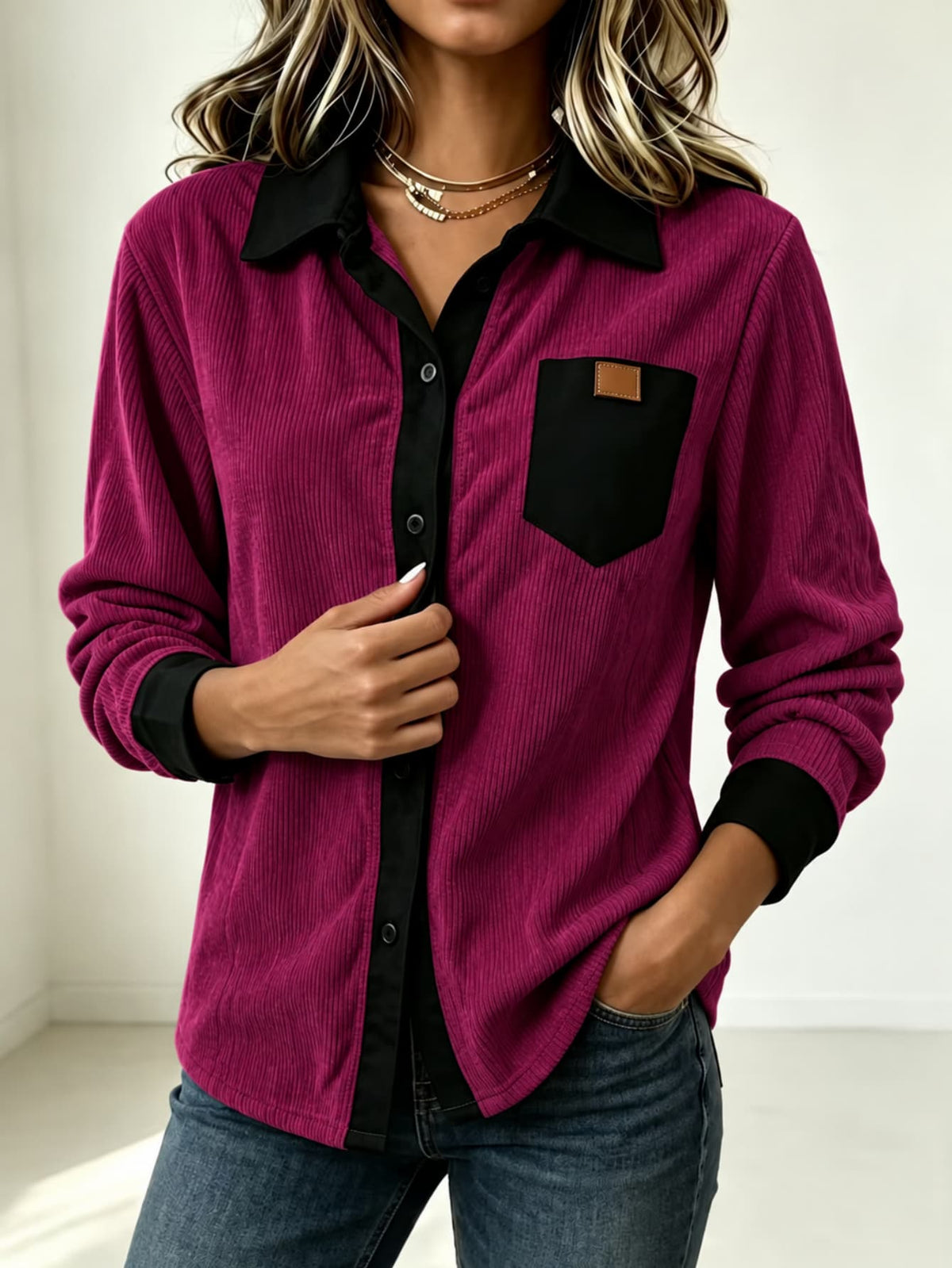 Ribbed Button Long Sleeved Shirt
