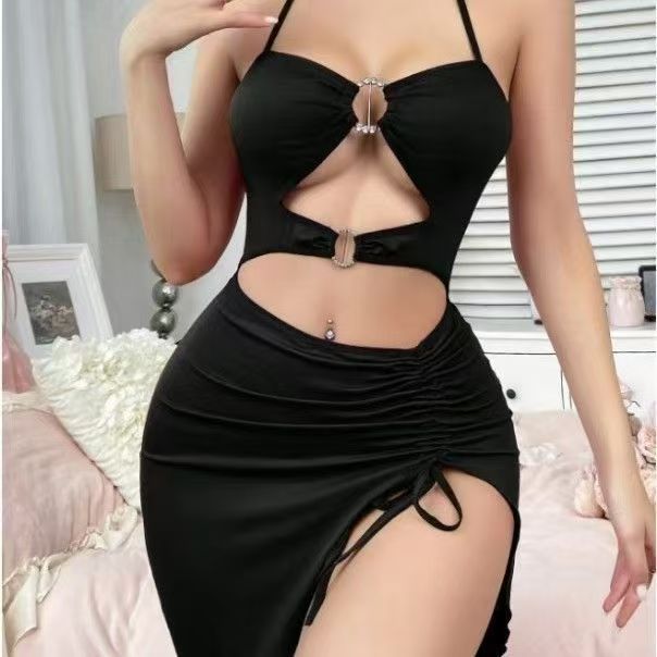 Womens Halter-Neck Slim-Fit Split Dress With Drawstring