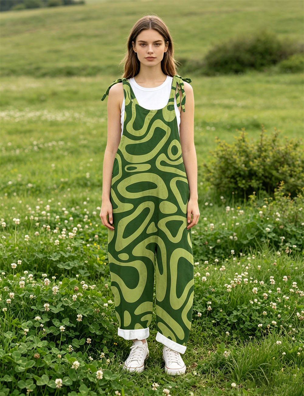 Women Abstract Swirl Print Overalls, Tie Shoulder Wide Leg Bib Pants Casual Summer Jumpsuit