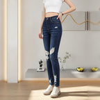 High Waist Distressed Skinny Jeans For Women, Dark Blue Multi Ripped Stretch Denim Trousers