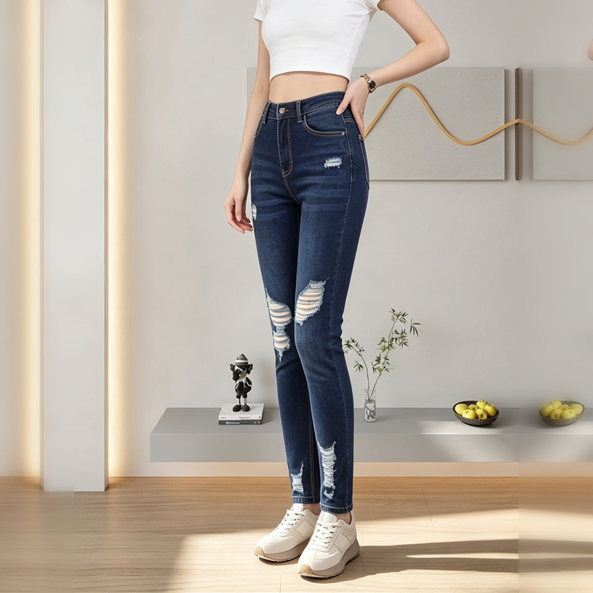 High Waist Distressed Skinny Jeans For Women, Dark Blue Multi Ripped Stretch Denim Trousers