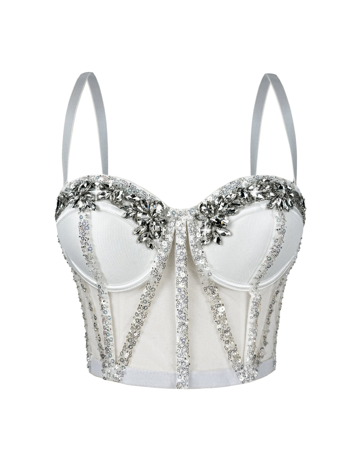 Cross-Border Rhinestone Mesh Fishbone Bra Semi-Transparent Sexy Slimming Suspender Tube Top Slimming Diamond Fishbone Top Stage