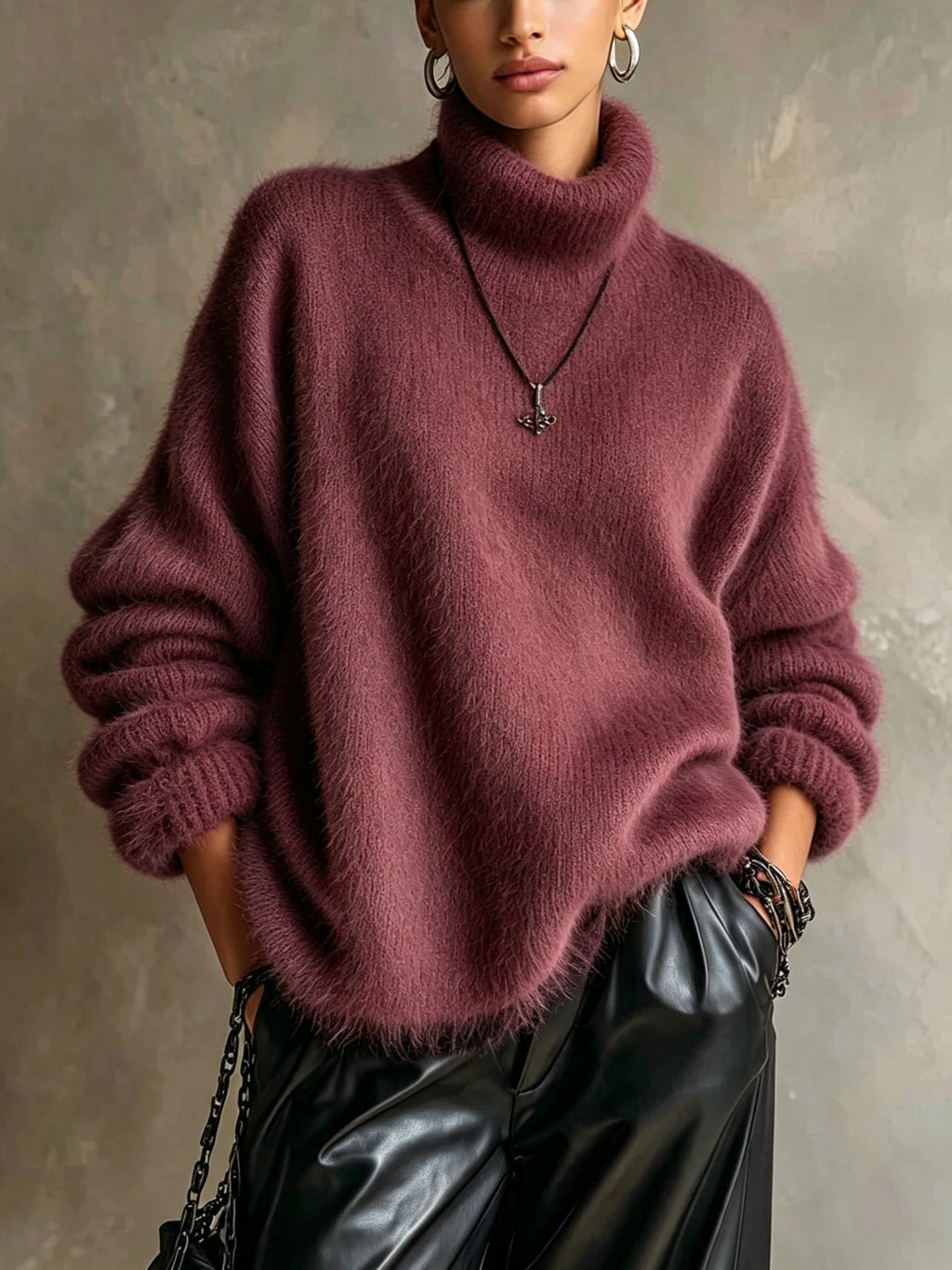 Womens Solid-color Loose-fitting Turtleneck Sweater In Soft Plush Knit