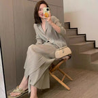 Women Pleated Cardigan Set Minimalist Casual Two Piece Outfit Long Sleeve Jacket And Pants Suit