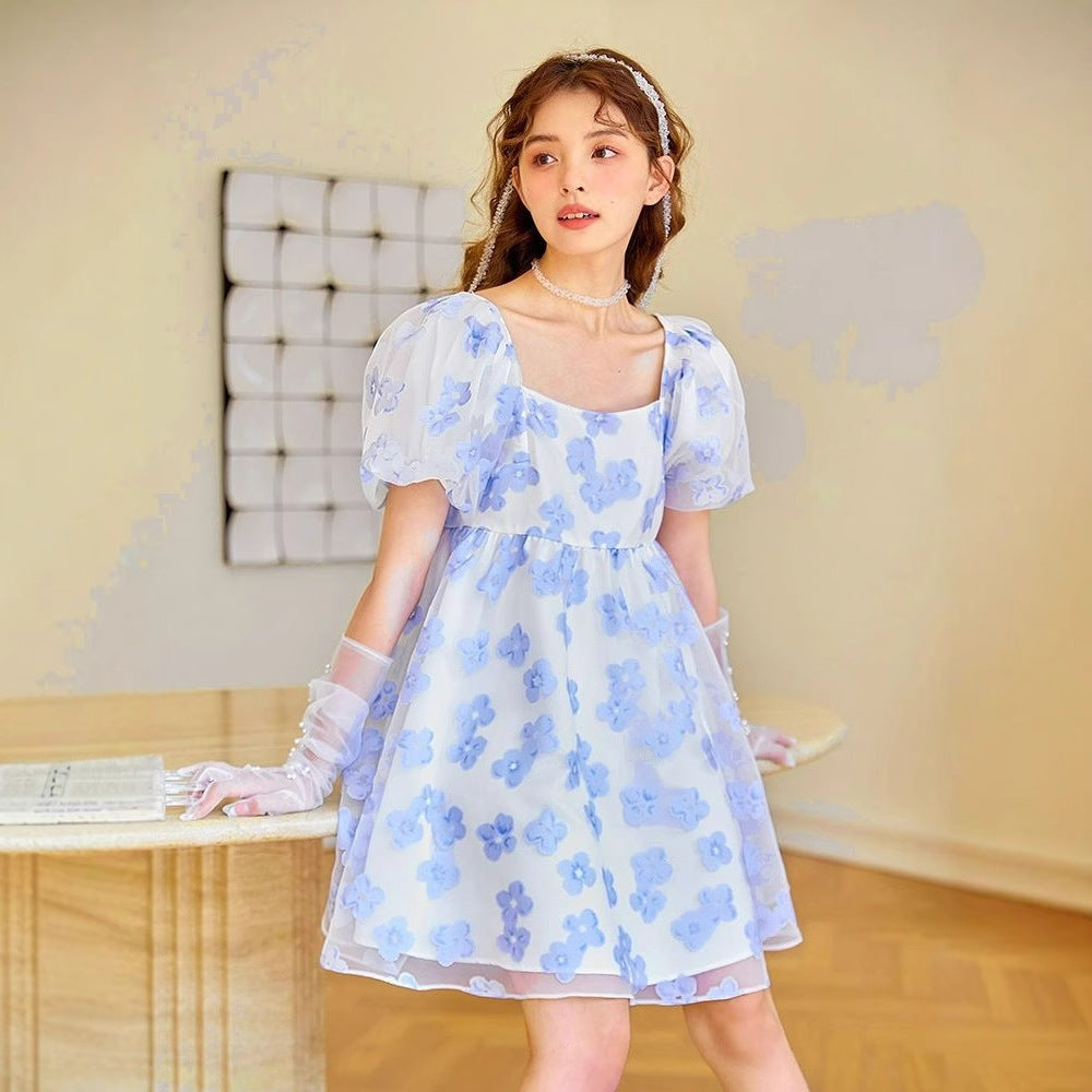 New Puff-sleeve Floral Midi Dress