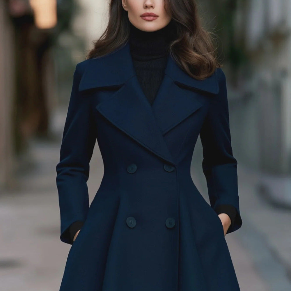 2026 Europe And The United States Cross-border Foreign Trade Autumn And Winter New Independent Station Solid Color Lapel Coat Double-breasted Long Sleeve Women's Coat