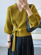 French-style Vintage Collar Lace-up Loose-fitting Knit Cardigan For Outerwear