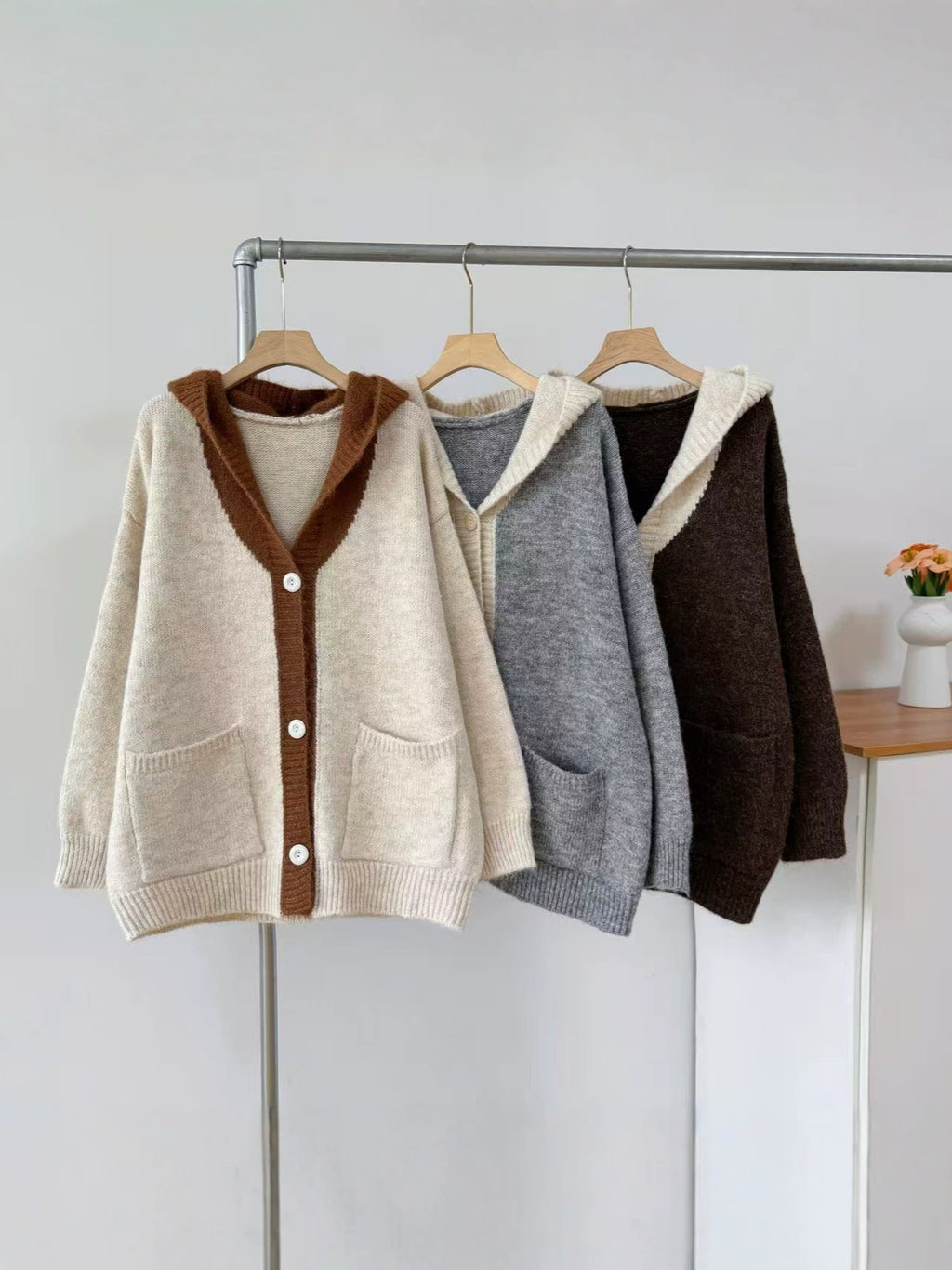 Women 2026 Fall Winter New,Hooded Knit Cardigan,Mid-Length With Pockets,Loose Lazy-Style Versatile Sweater Coat