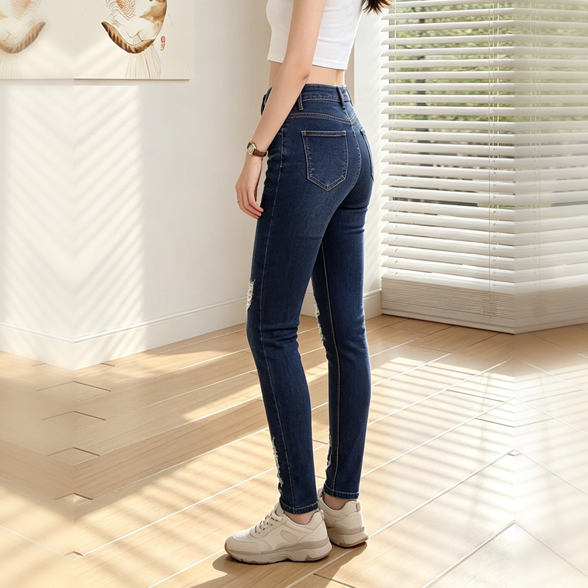 High Waist Distressed Skinny Jeans For Women, Dark Blue Multi Ripped Stretch Denim Trousers