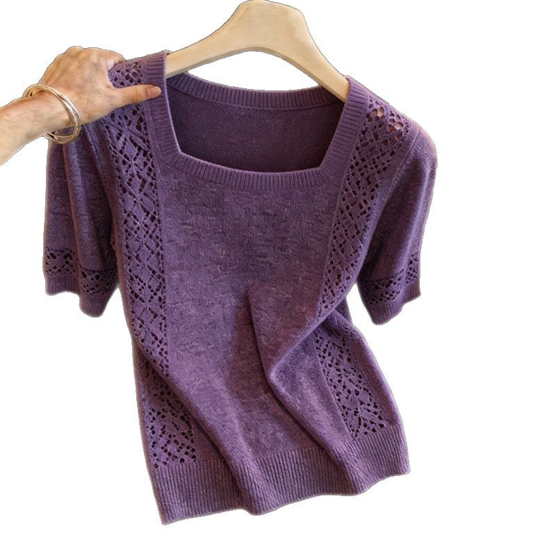 Square-neck Short-sleeve Solid-color Knit Top
