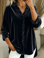 2026 New Arrival Women Korean Velvet Knit Top Solid Color V Neck Ruffle Long Sleeve Blouse For European & American Market