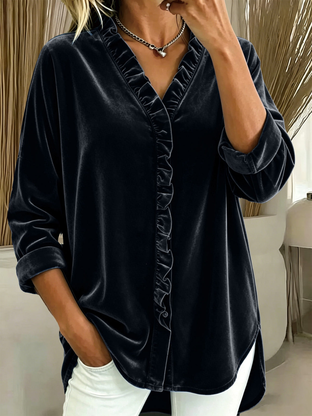 2026 New Arrival Women Korean Velvet Knit Top Solid Color V Neck Ruffle Long Sleeve Blouse For European & American Market
