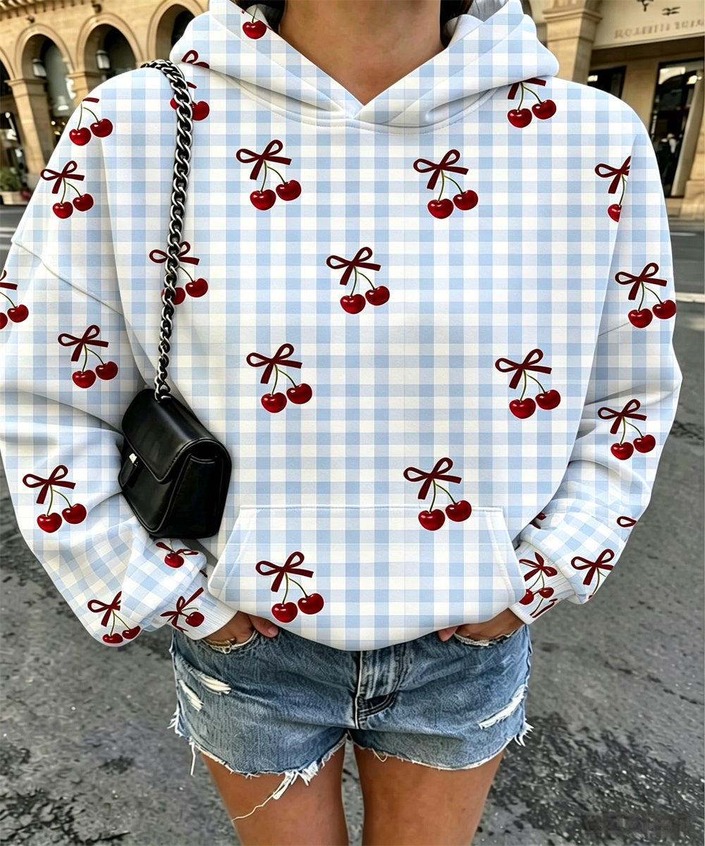 Women Cherry Bow Gingham Print Oversized Hoodie, Long Sleeve Casual Pullover Sweatshirt