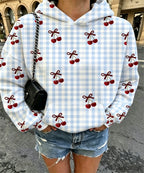 Women Cherry Bow Gingham Print Oversized Hoodie, Long Sleeve Casual Pullover Sweatshirt