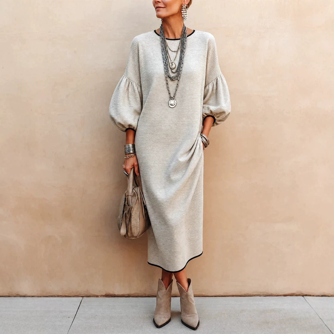 Womens Knitted Mid-Length Dress With Bubble Sleeves