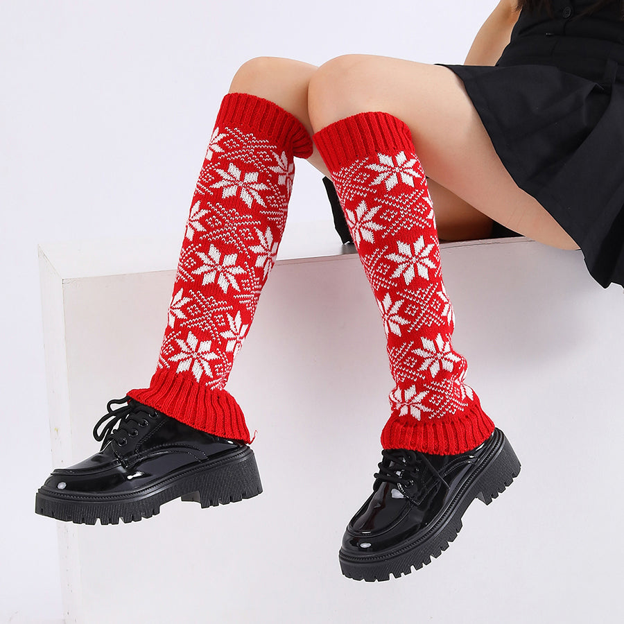 Girls Women Snowflake Print Autumn Winter Lady Knee Length Leggings Thick Warm Female Soft Knitted Boot Socks Leg Warmers