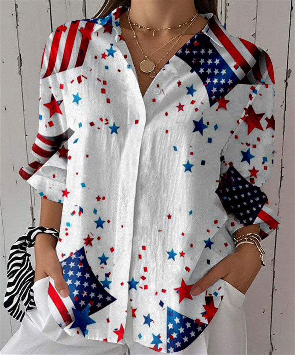 Women's Lapel Shirt With American Vintage Stars And Stripes Print, Single-breasted Casual Loose Short-sleeve Top