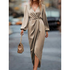 New Style Elegant Cross-Neck Pleated Slit Puff Sleeve Irregular Long-Sleeve Dress Women's Dress