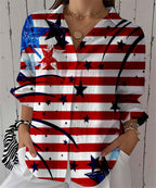 Women's Lapel Shirt With American Vintage Stars And Stripes Print, Single-breasted Casual Loose Short-sleeve Top