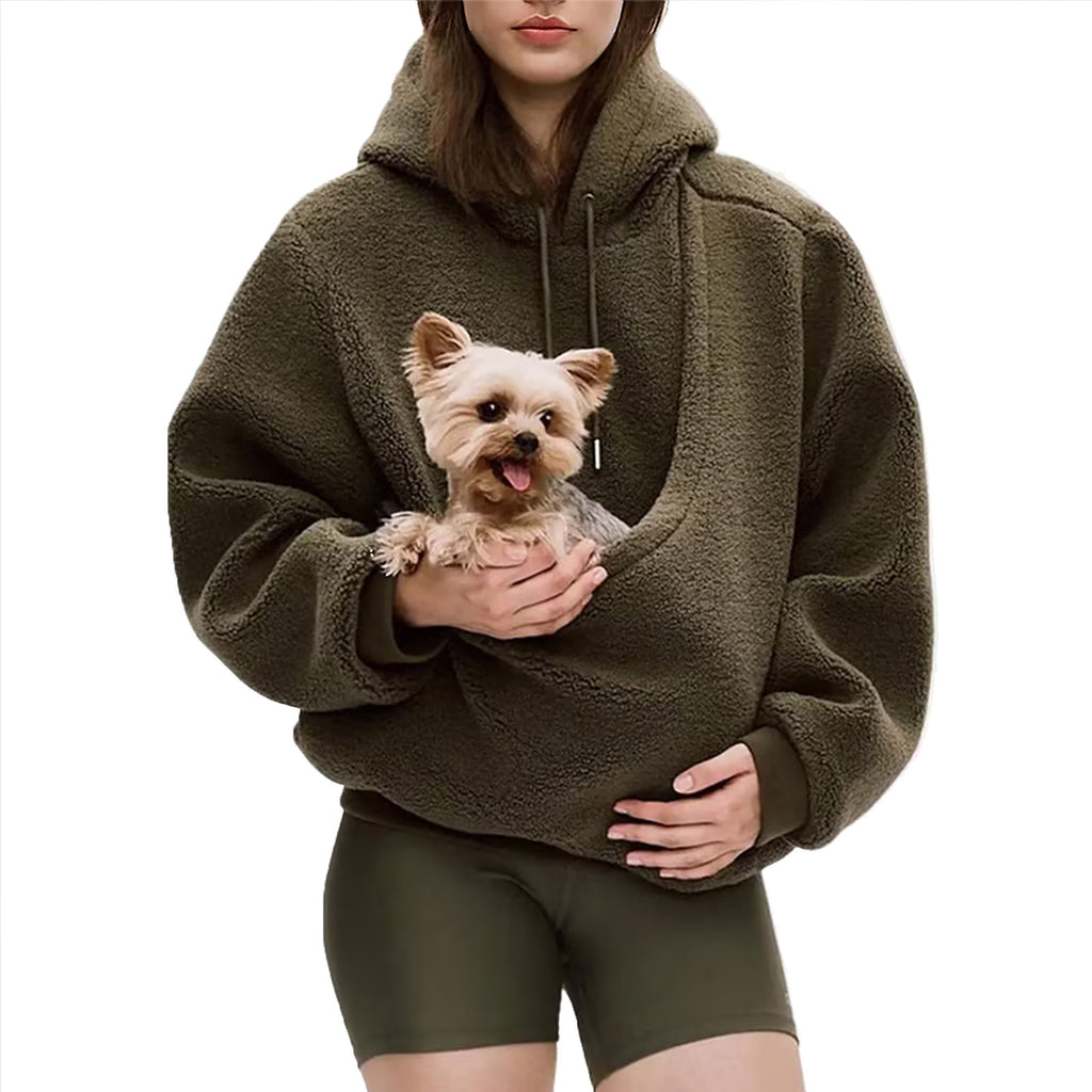 Amazon New European And American Autumn And Winter Cross-Border Pure Color Hooded Plush Pet Pocket Loose Pullover Sweatshirt For Women