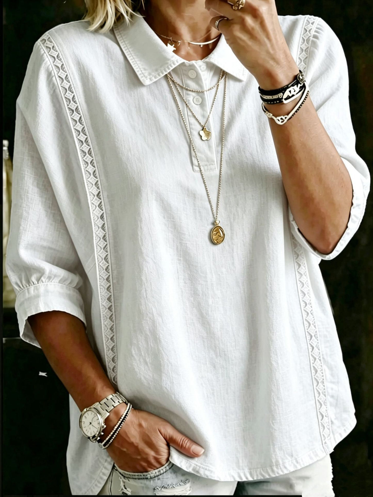 Womens Solid-Color Button-Down Loose Casual Shirt