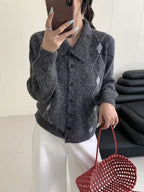 Women's Korean-style Vintage Argyle Collared Knit Cardigan, 2026 Autumn-Winter New Arrival, Soft Loose Lazy-Style Sweater Coat