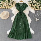 Womens Solid-Color Polka-Dot V-Neck Short-Sleeve Dress