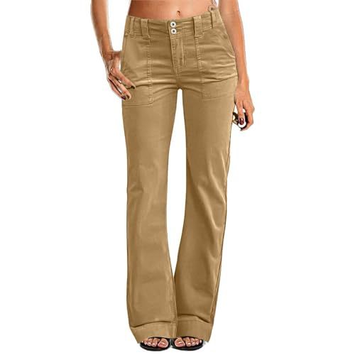 Women's Multi Pocket Stretch Elastic Waist Twill Cotton Pants High Waisted, Comfortable Form Fitting Formal Casual Wide Leg Pants