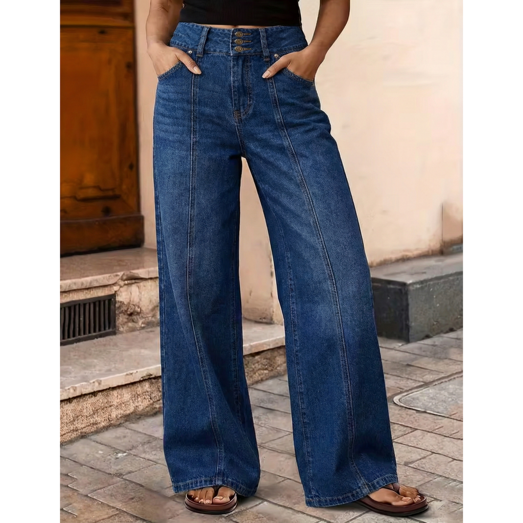 US Ready Stock Women High Waist Wide Leg Jeans Triple Button Denim Pants Front Seam Loose Fit Jeans Wholesale